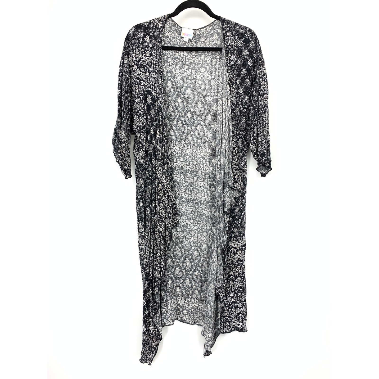 Lularoe Womens Kimono Cardigan M Black White Floral Sheer Handkerchief Hem